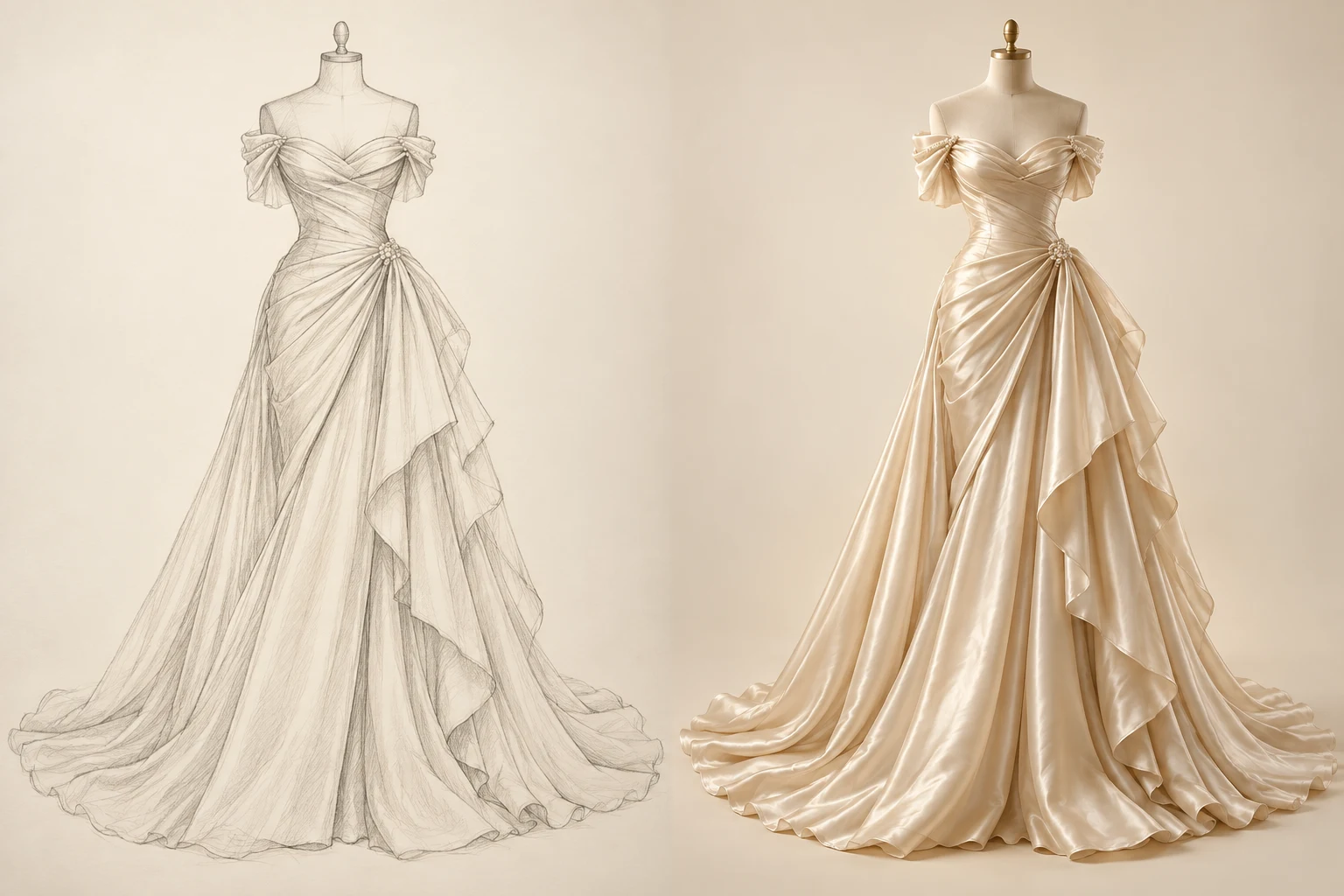 Skicë e një fustani elegant dhe vizualizimi realist i të njëjtit dizajn